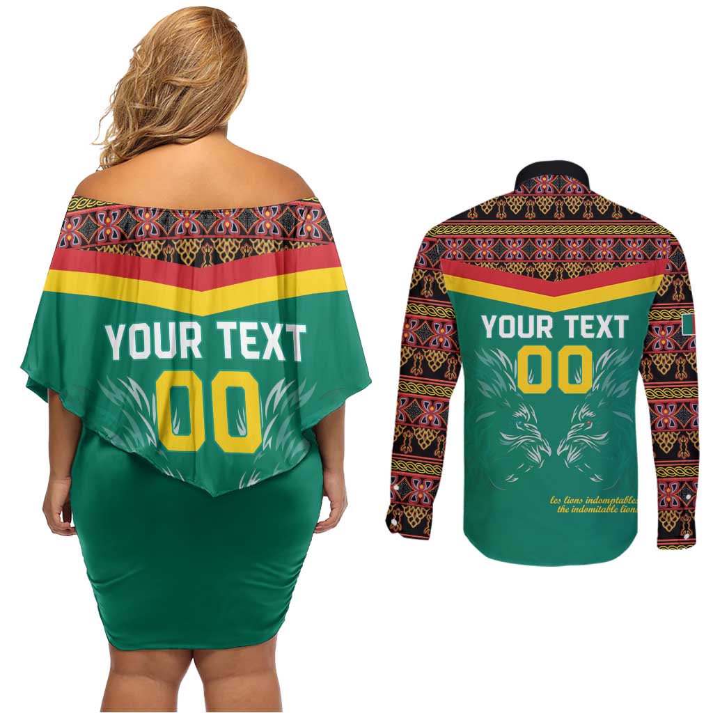 Custom Cameroon Football Couples Matching Off Shoulder Short Dress and Long Sleeve Button Shirt Go Champions - Toghu Pattern