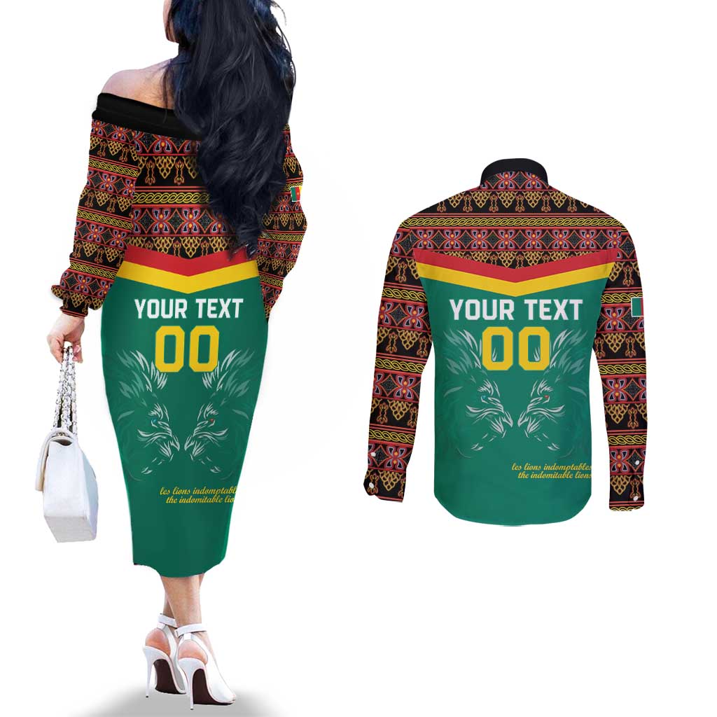 Custom Cameroon Football Couples Matching Off The Shoulder Long Sleeve Dress and Long Sleeve Button Shirt Go Champions - Toghu Pattern