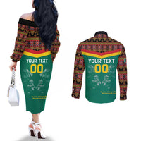 Custom Cameroon Football Couples Matching Off The Shoulder Long Sleeve Dress and Long Sleeve Button Shirt Go Champions - Toghu Pattern