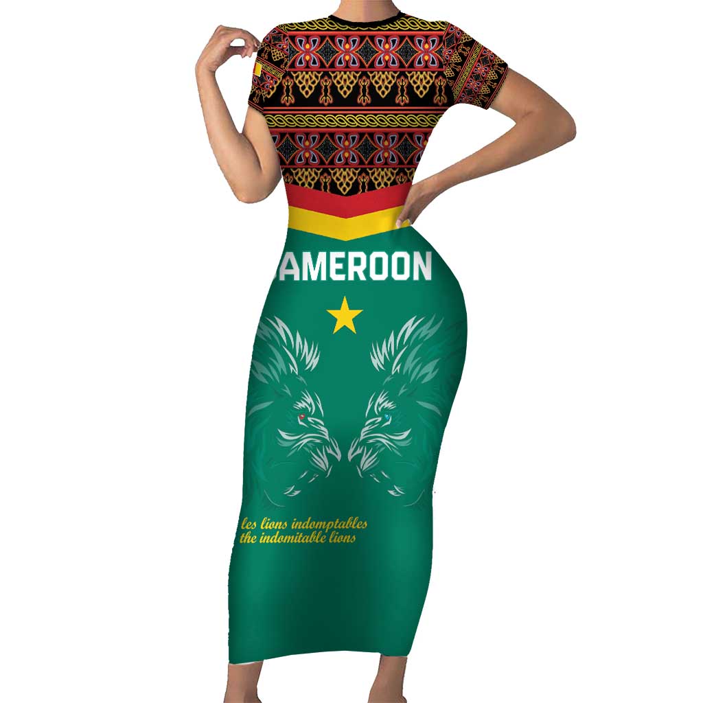 Custom Cameroon Football Family Matching Short Sleeve Bodycon Dress and Hawaiian Shirt Go Champions - Toghu Pattern