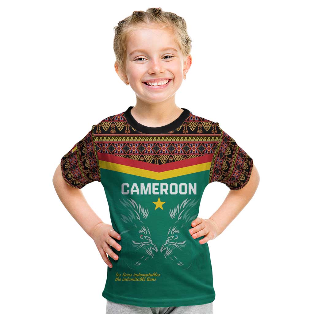 Custom Cameroon Football Kid T Shirt Go Champions - Toghu Pattern