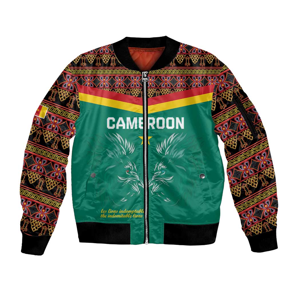 Custom Cameroon Football Sleeve Zip Bomber Jacket Go Champions - Toghu Pattern
