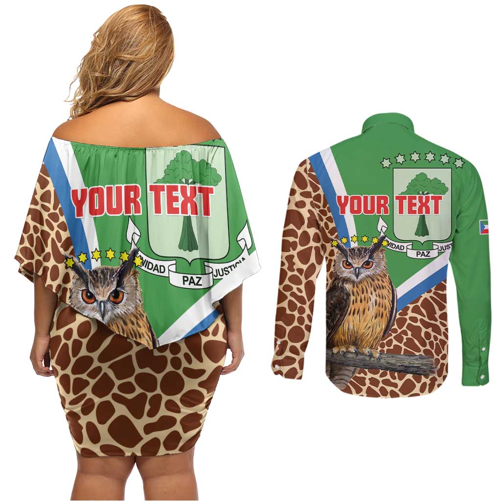 Personalised Equatorial Guinea Couples Matching Off Shoulder Short Dress and Long Sleeve Button Shirt Bubo Poensis Mix Giraffe Pattern