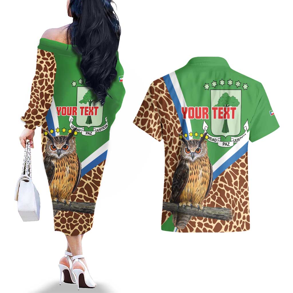 Personalised Equatorial Guinea Couples Matching Off The Shoulder Long Sleeve Dress and Hawaiian Shirt Bubo Poensis Mix Giraffe Pattern