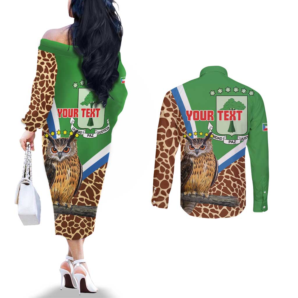 Personalised Equatorial Guinea Couples Matching Off The Shoulder Long Sleeve Dress and Long Sleeve Button Shirt Bubo Poensis Mix Giraffe Pattern