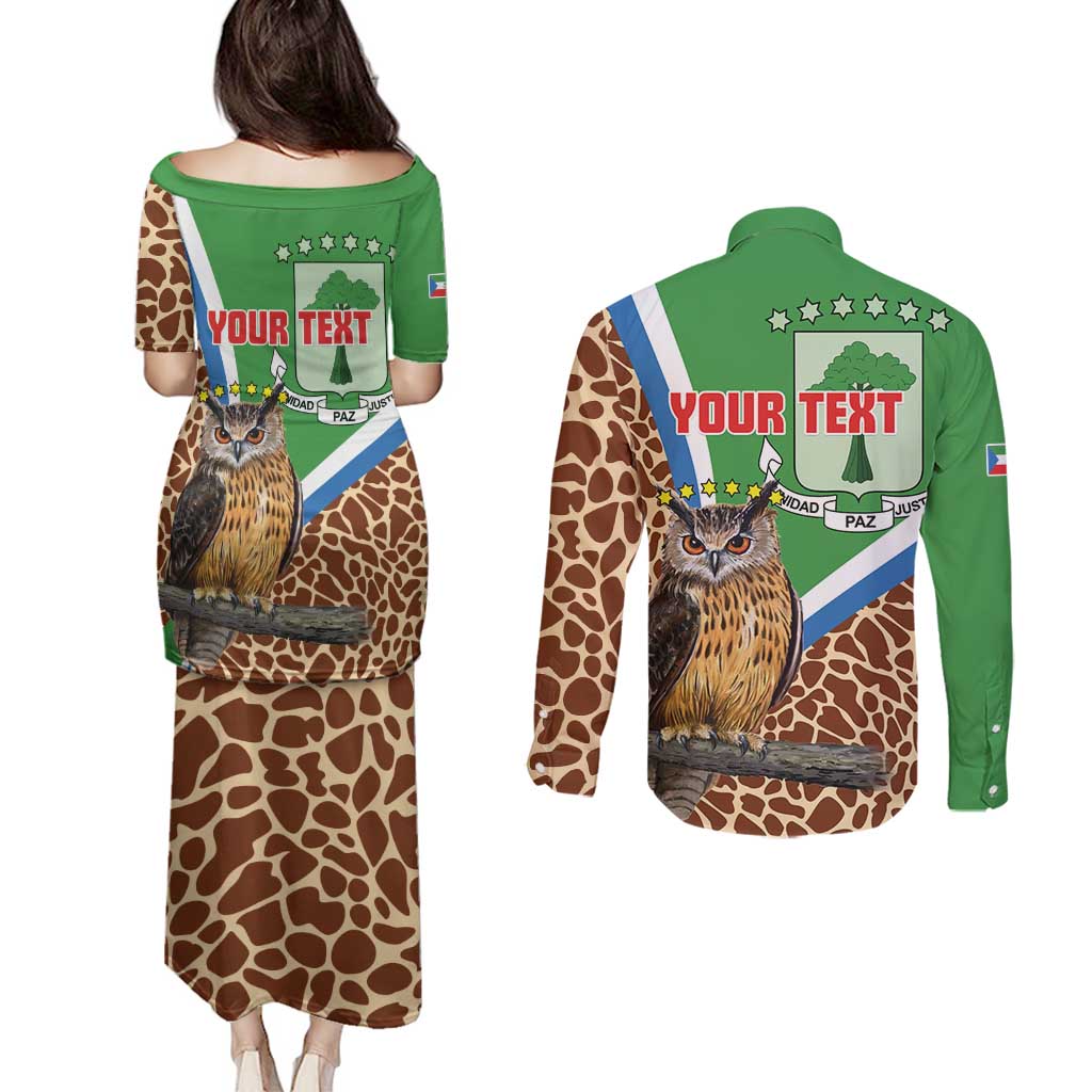Personalised Equatorial Guinea Couples Matching Puletasi and Long Sleeve Button Shirt Bubo Poensis Mix Giraffe Pattern