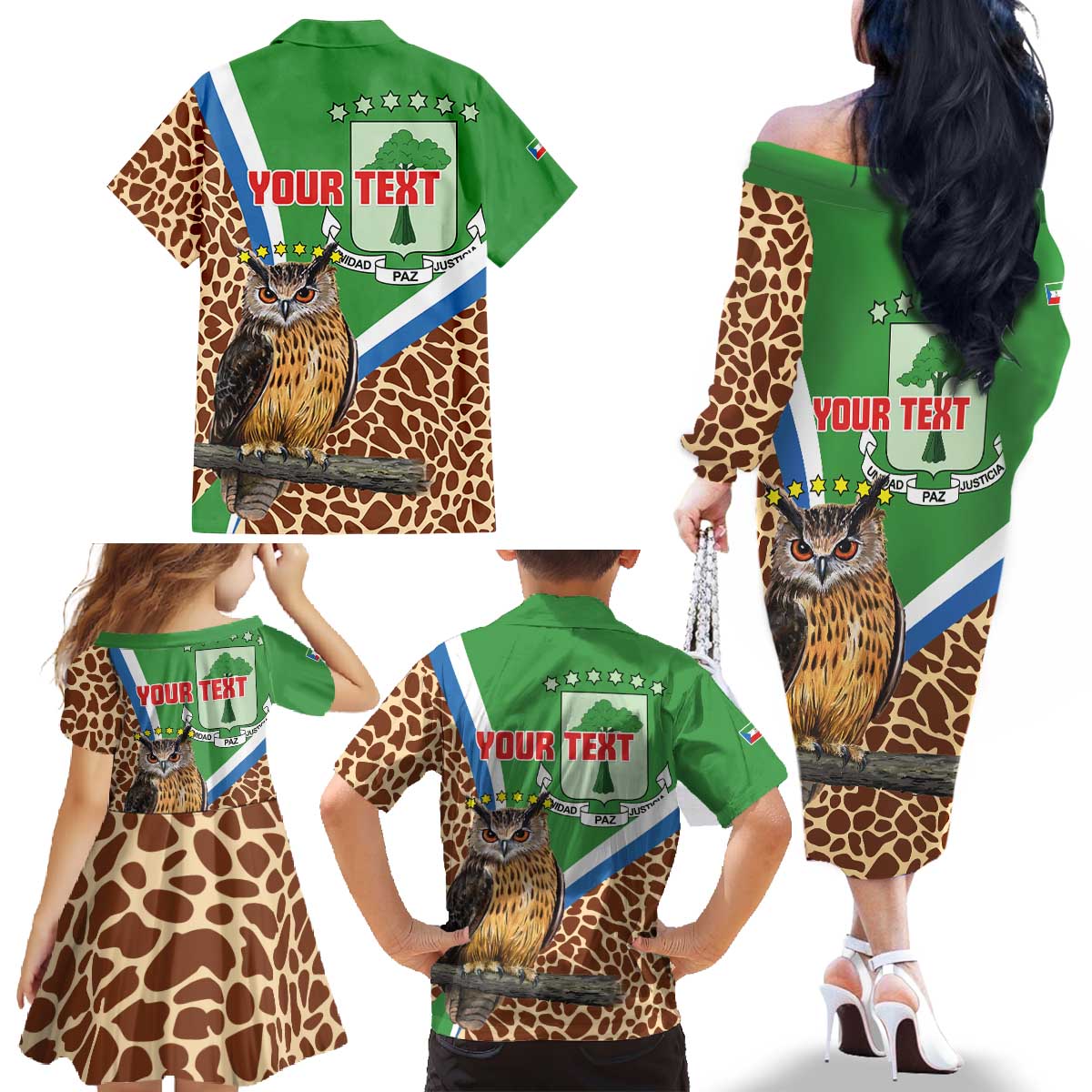 Personalised Equatorial Guinea Family Matching Off The Shoulder Long Sleeve Dress and Hawaiian Shirt Bubo Poensis Mix Giraffe Pattern