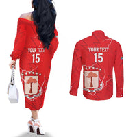 Custom Equatorial Guinea Football Couples Matching Off The Shoulder Long Sleeve Dress and Long Sleeve Button Shirt Allez Nzalang Nacional - Red Version