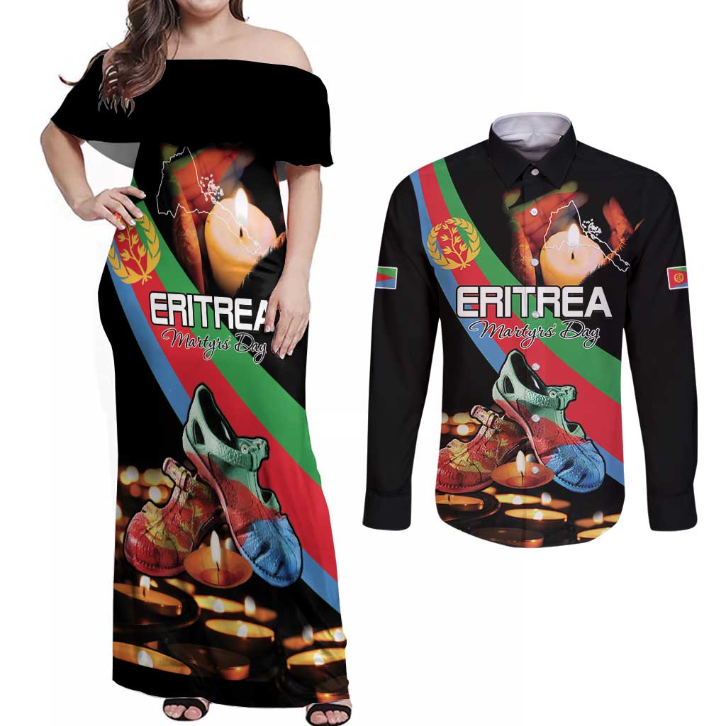 Personalized Eritrea Martyrs Day Couples Matching Off Shoulder Maxi Dress and Long Sleeve Button Shirt Candlelight Vigil Shida Shoes