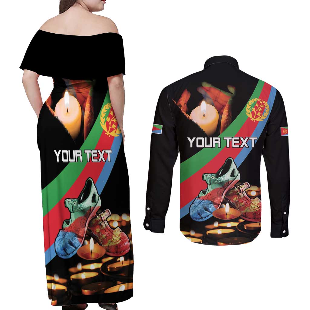 Personalized Eritrea Martyrs Day Couples Matching Off Shoulder Maxi Dress and Long Sleeve Button Shirt Candlelight Vigil Shida Shoes