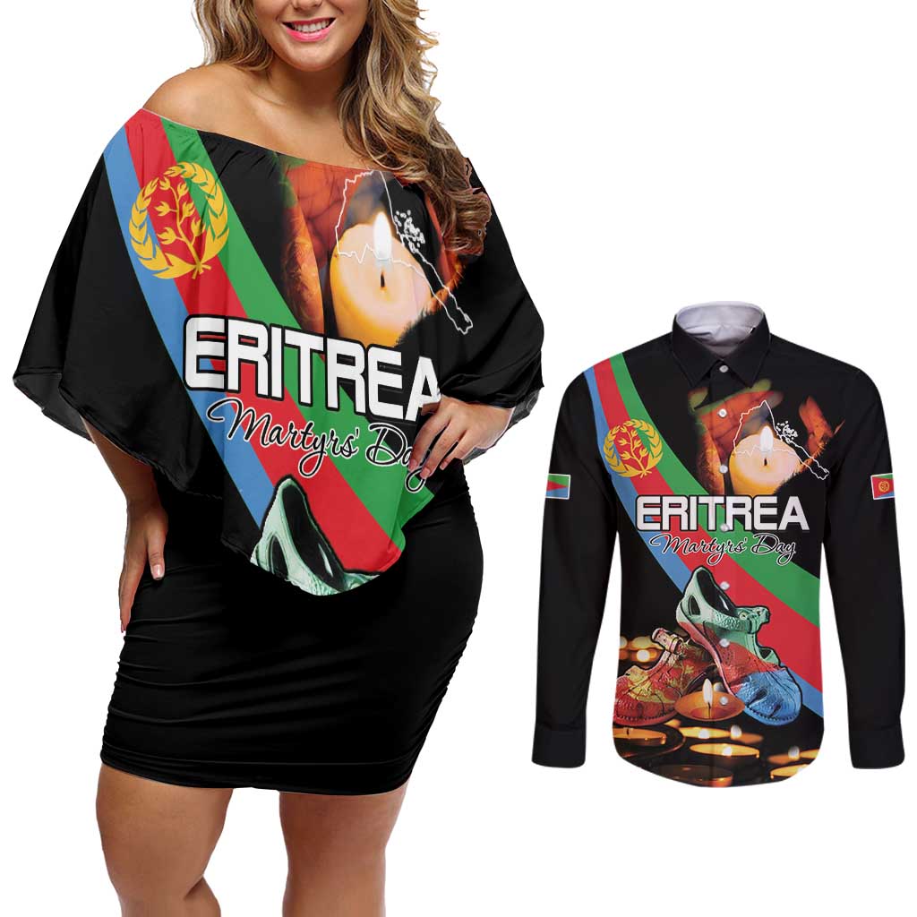 Personalized Eritrea Martyrs Day Couples Matching Off Shoulder Short Dress and Long Sleeve Button Shirt Candlelight Vigil Shida Shoes