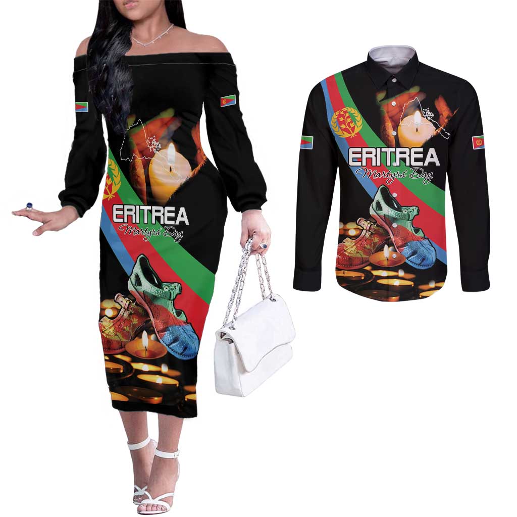 Personalized Eritrea Martyrs Day Couples Matching Off The Shoulder Long Sleeve Dress and Long Sleeve Button Shirt Candlelight Vigil Shida Shoes