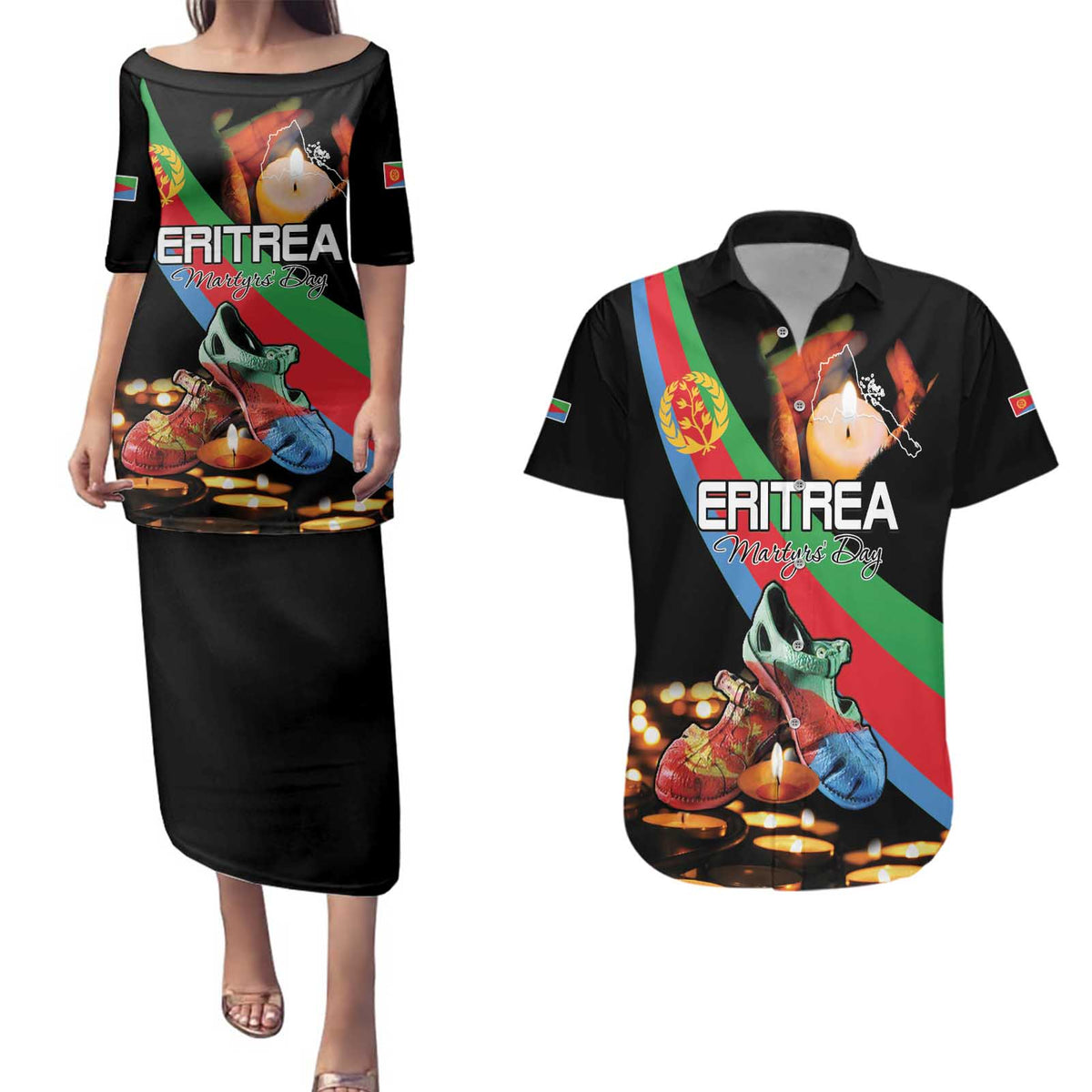 Personalized Eritrea Martyrs Day Couples Matching Puletasi and Hawaiian Shirt Candlelight Vigil Shida Shoes