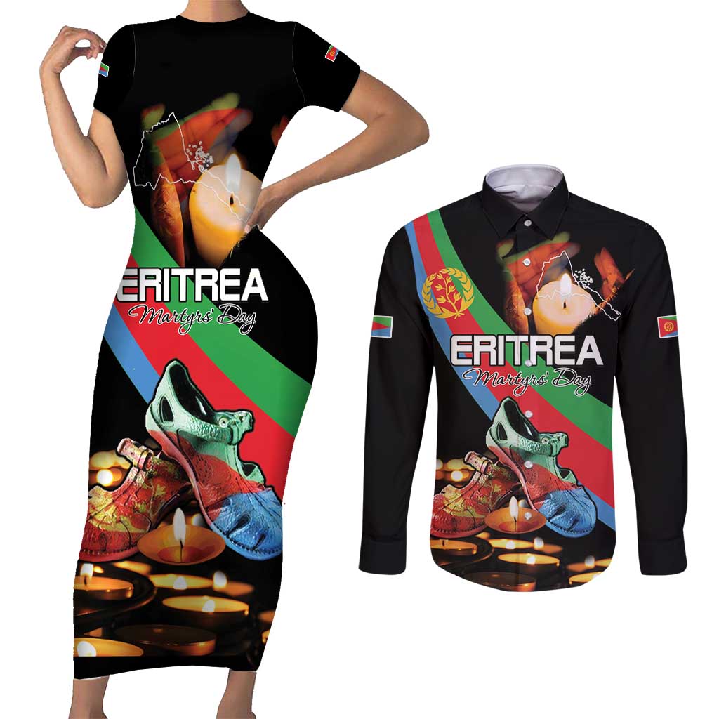 Personalized Eritrea Martyrs Day Couples Matching Short Sleeve Bodycon Dress and Long Sleeve Button Shirt Candlelight Vigil Shida Shoes