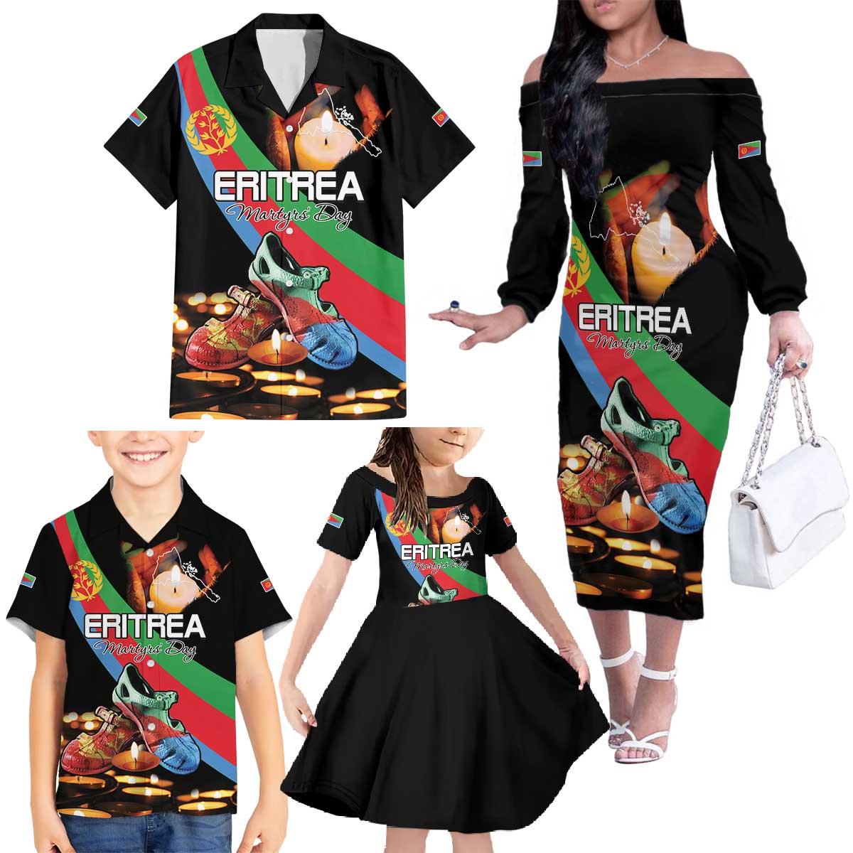 Personalized Eritrea Martyrs Day Family Matching Off The Shoulder Long Sleeve Dress and Hawaiian Shirt Candlelight Vigil Shida Shoes