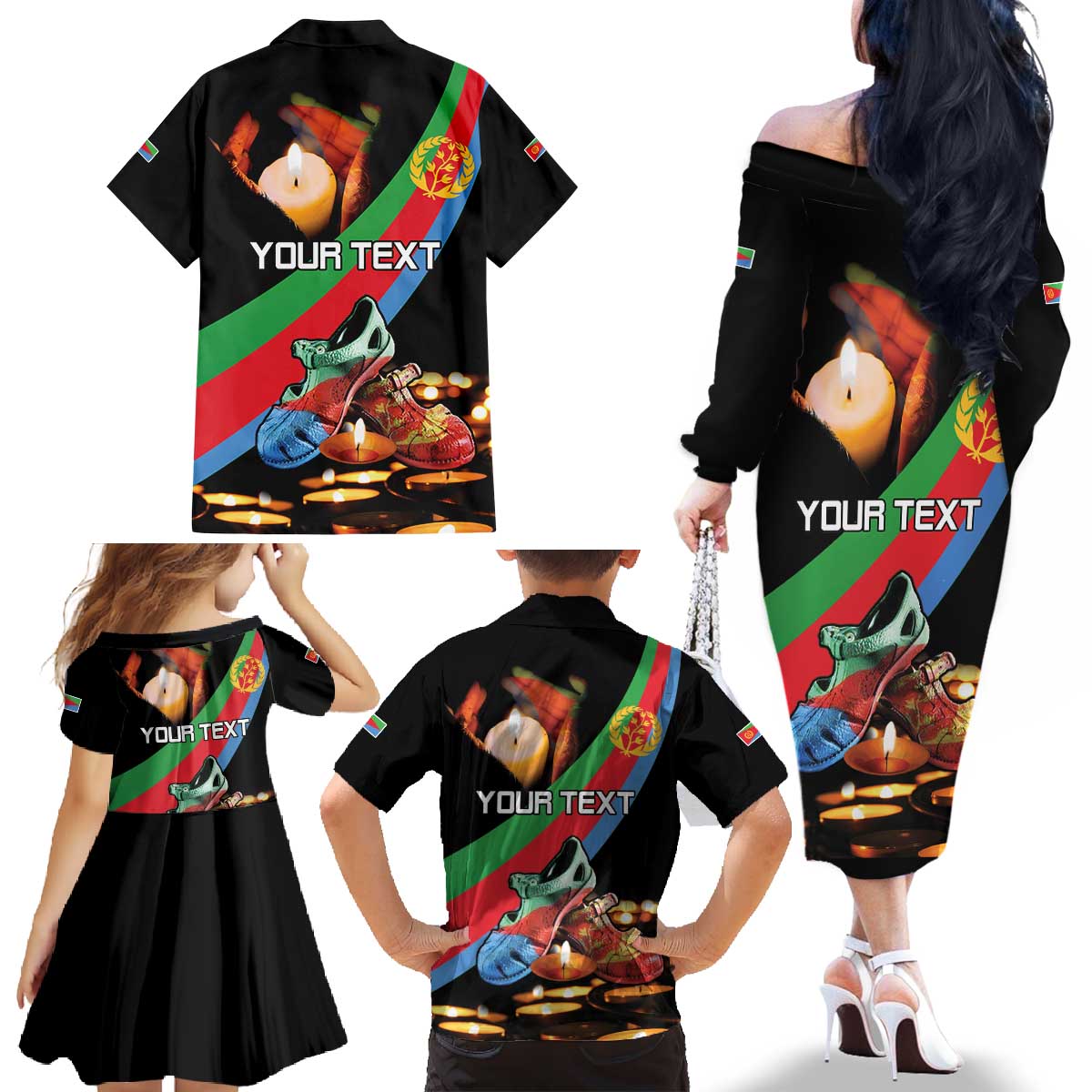 Personalized Eritrea Martyrs Day Family Matching Off The Shoulder Long Sleeve Dress and Hawaiian Shirt Candlelight Vigil Shida Shoes