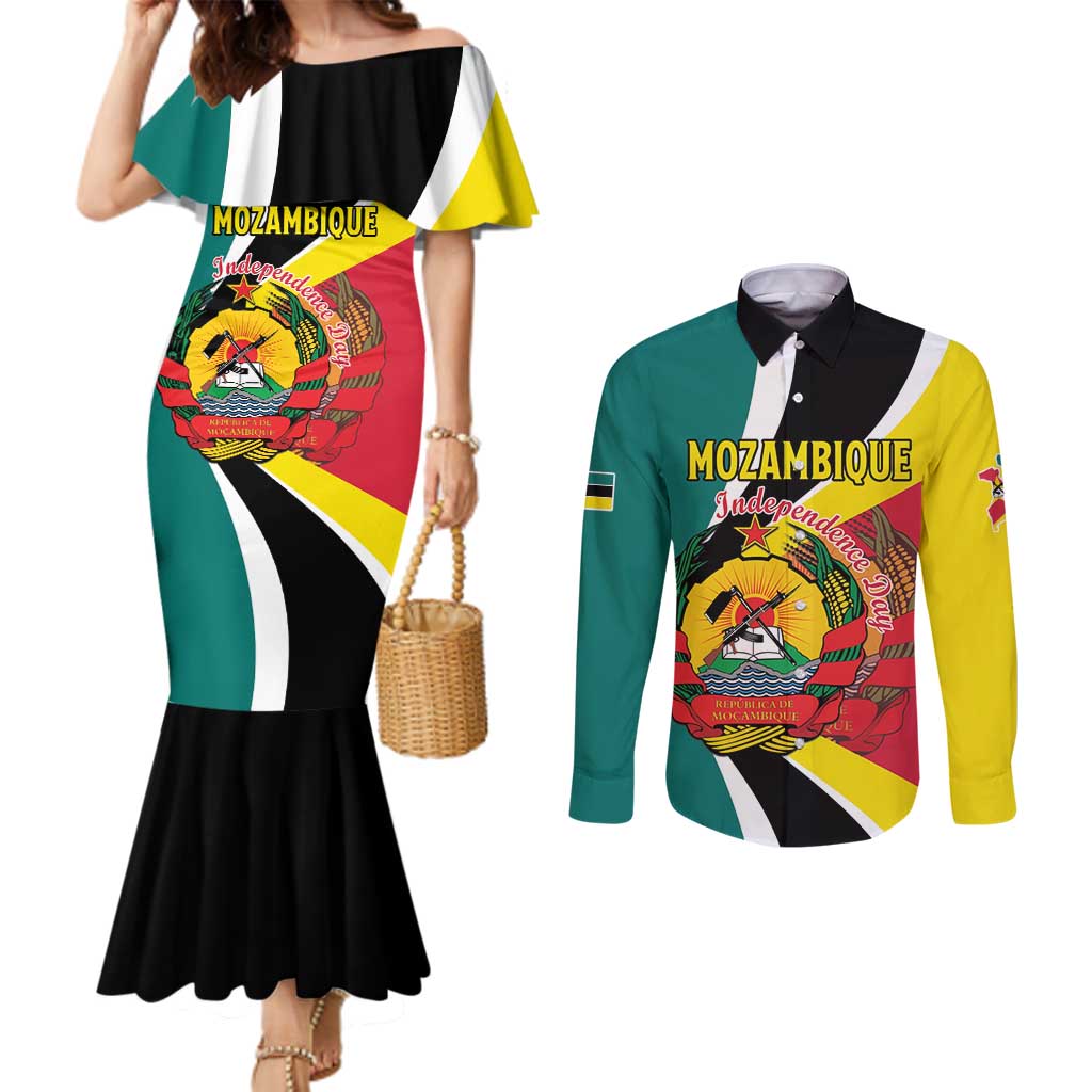 Personalized Mozambique Couples Matching Mermaid Dress and Long Sleeve Button Shirt 50 Years Anniversary Independence Day