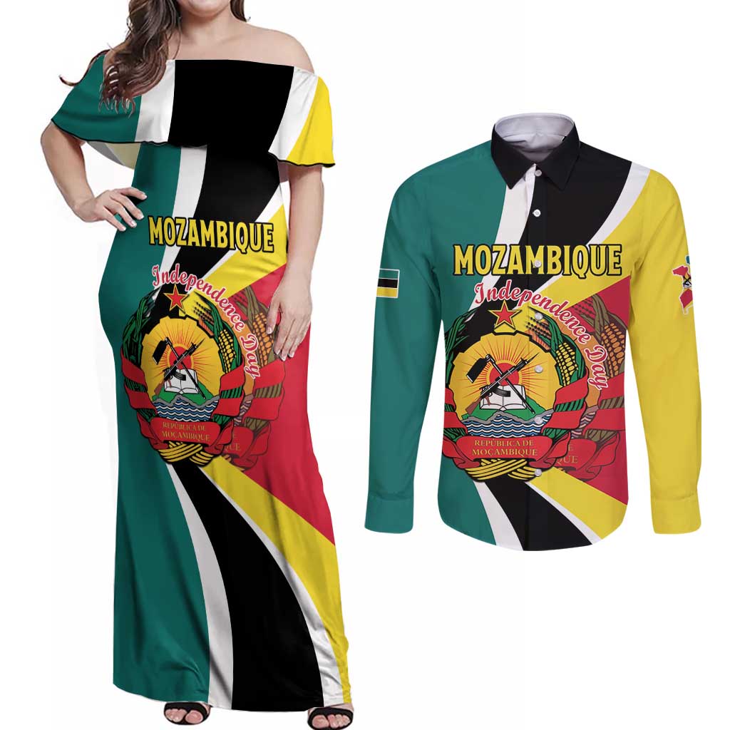 Personalized Mozambique Couples Matching Off Shoulder Maxi Dress and Long Sleeve Button Shirt 50 Years Anniversary Independence Day
