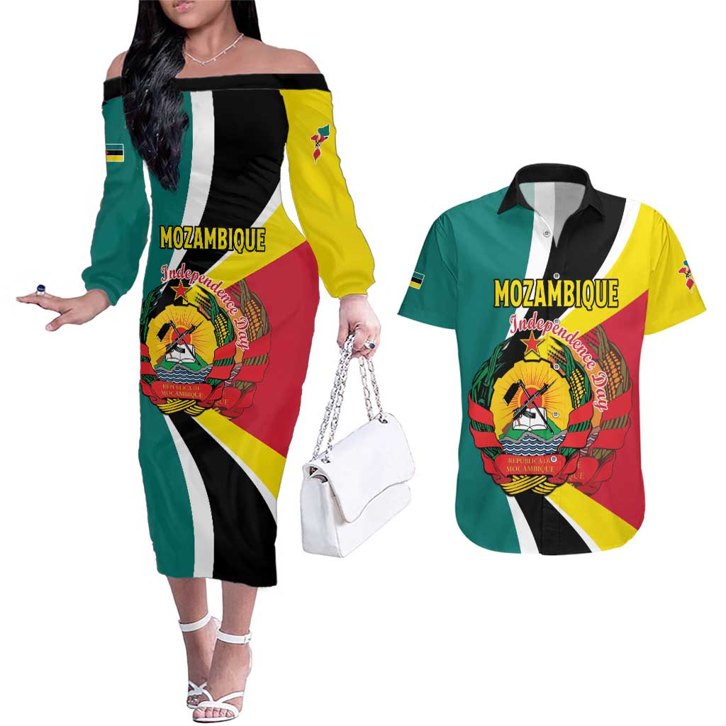 Personalized Mozambique Couples Matching Off The Shoulder Long Sleeve Dress and Hawaiian Shirt 50 Years Anniversary Independence Day
