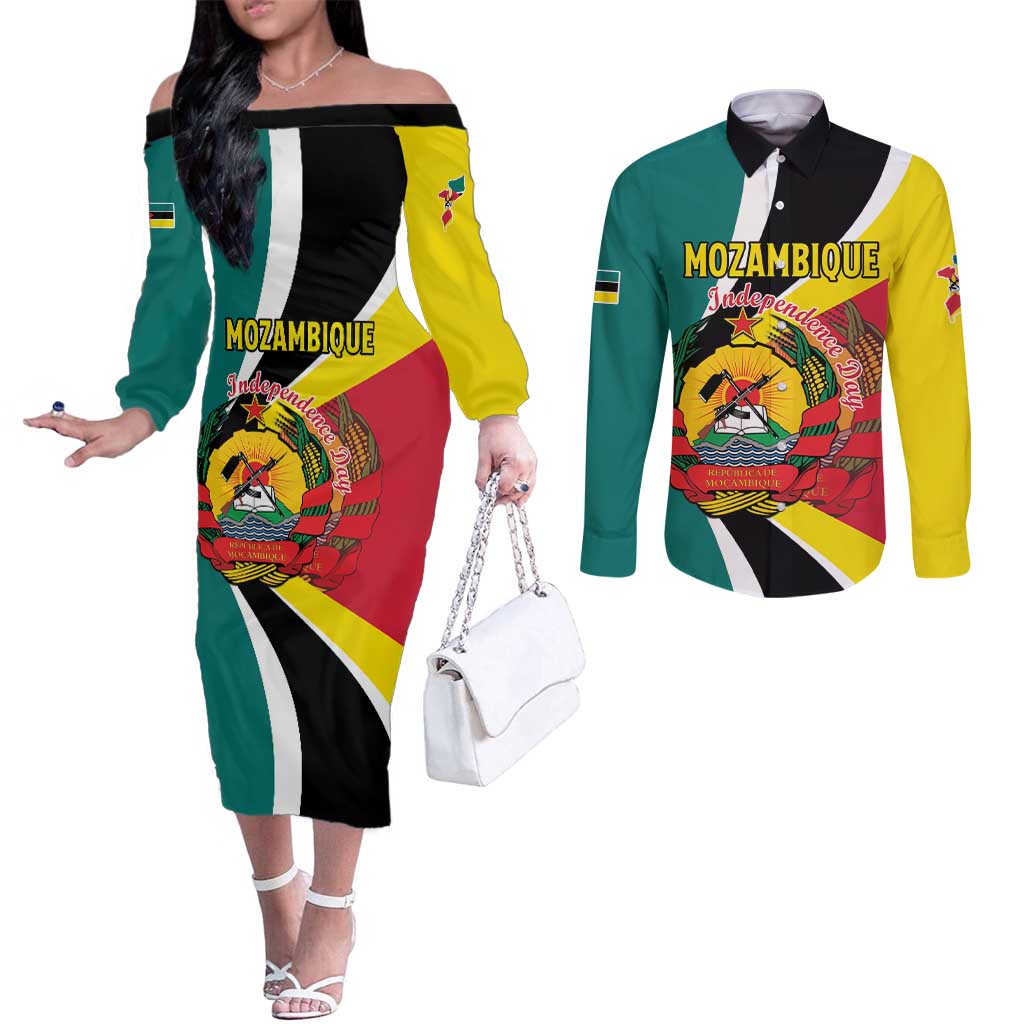 Personalized Mozambique Couples Matching Off The Shoulder Long Sleeve Dress and Long Sleeve Button Shirt 50 Years Anniversary Independence Day