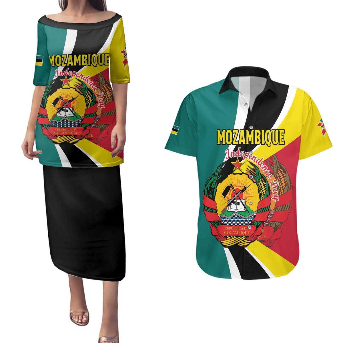 Personalized Mozambique Couples Matching Puletasi and Hawaiian Shirt 50 Years Anniversary Independence Day