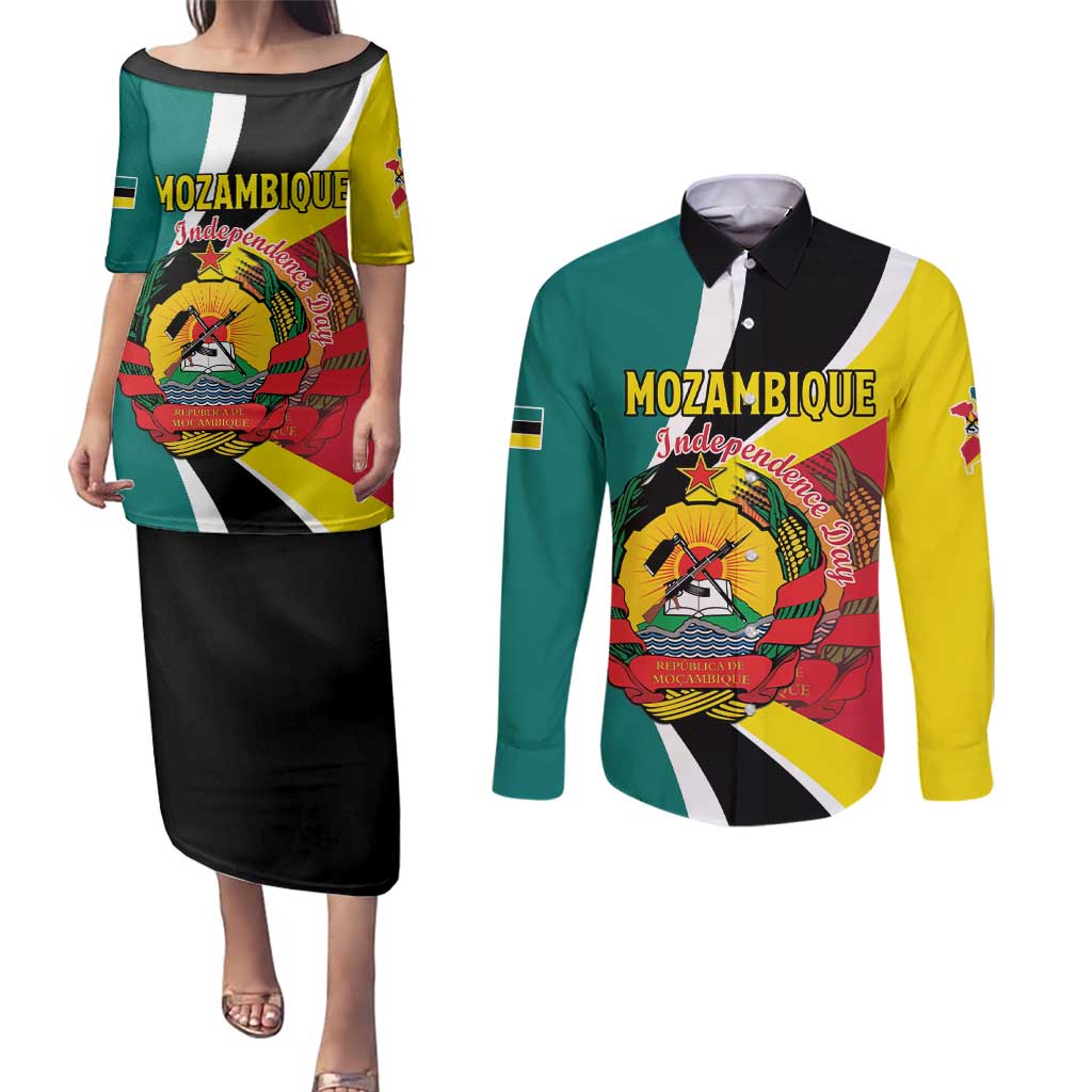 Personalized Mozambique Couples Matching Puletasi and Long Sleeve Button Shirt 50 Years Anniversary Independence Day