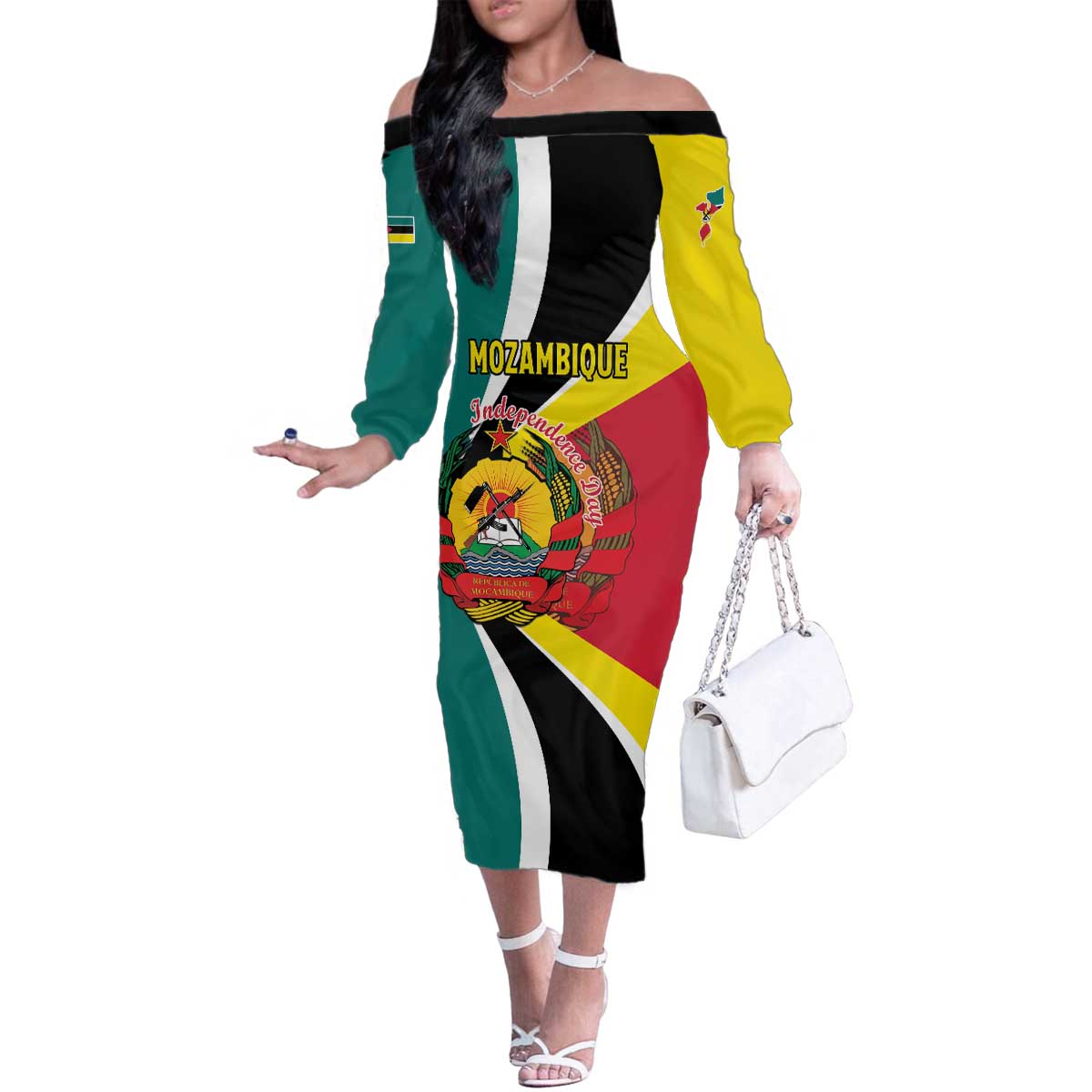 Personalized Mozambique Family Matching Off The Shoulder Long Sleeve Dress and Hawaiian Shirt 50 Years Anniversary Independence Day