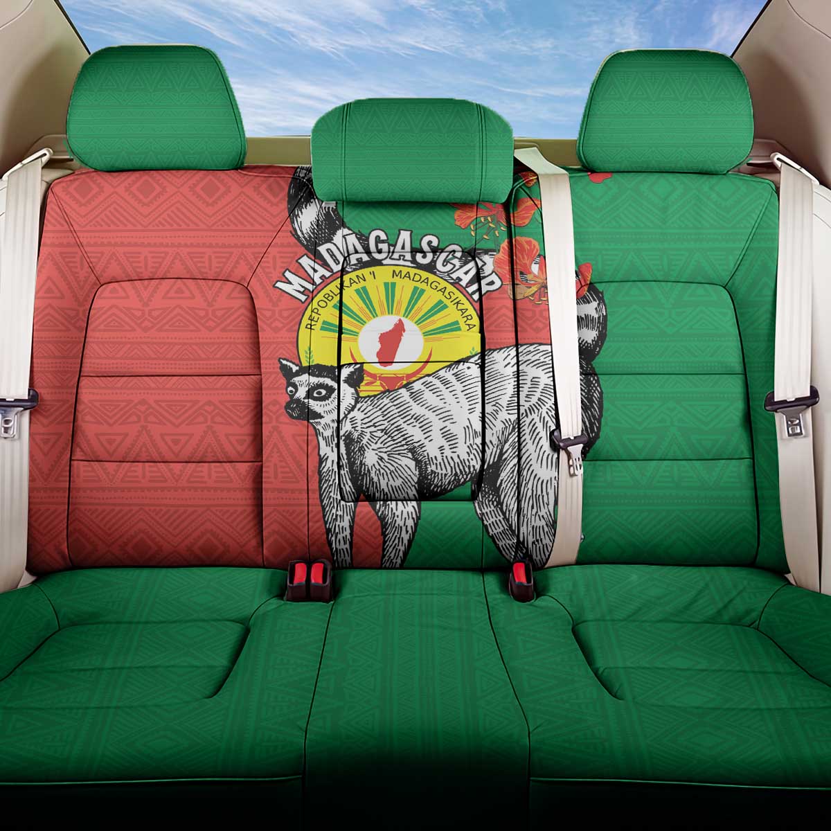 Happy Madagascar Independence Day Back Car Seat Cover Ring-Tailed Lemur With Seal Of Madagasikara