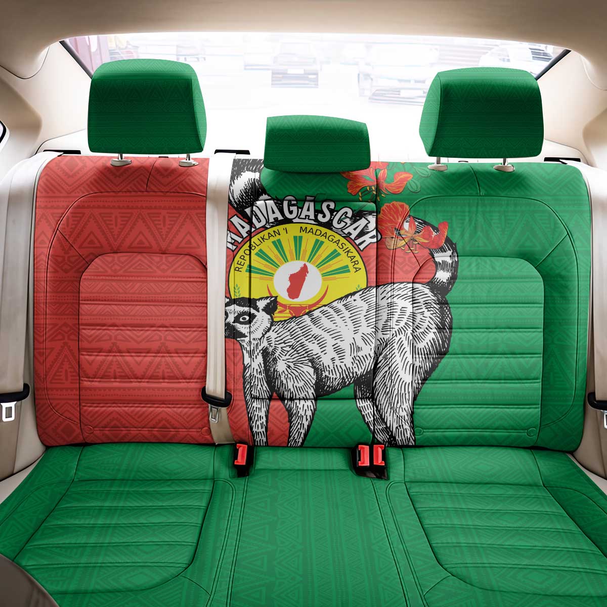Happy Madagascar Independence Day Back Car Seat Cover Ring-Tailed Lemur With Seal Of Madagasikara