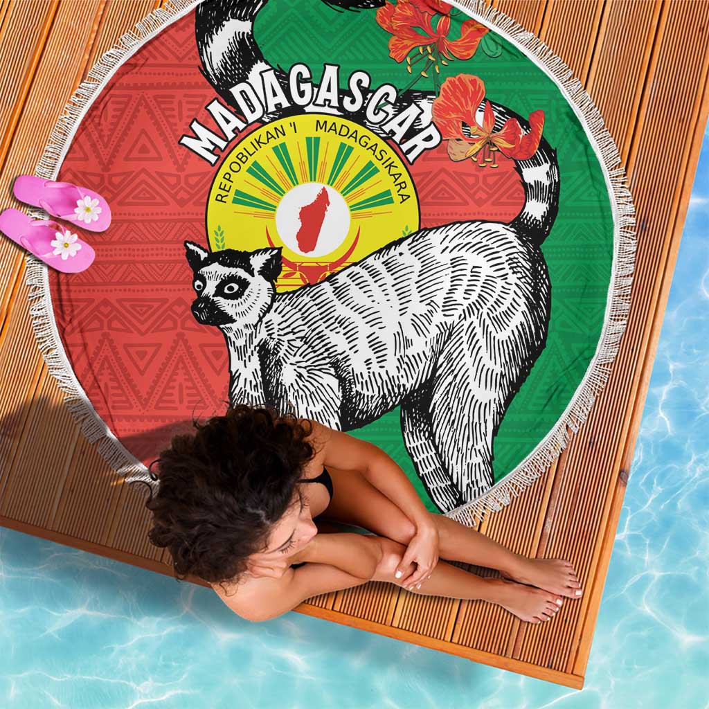 Happy Madagascar Independence Day Beach Blanket Ring-Tailed Lemur With Seal Of Madagasikara