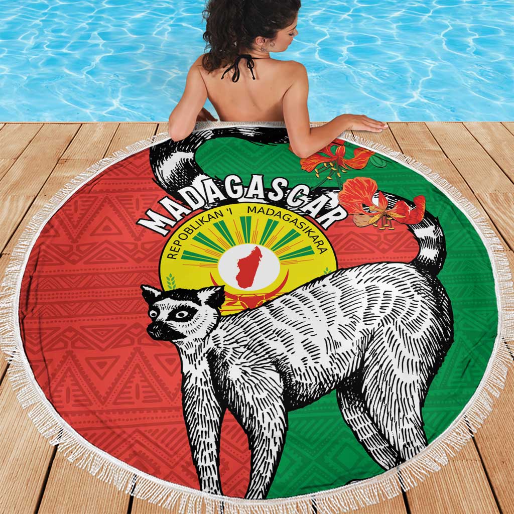 Happy Madagascar Independence Day Beach Blanket Ring-Tailed Lemur With Seal Of Madagasikara