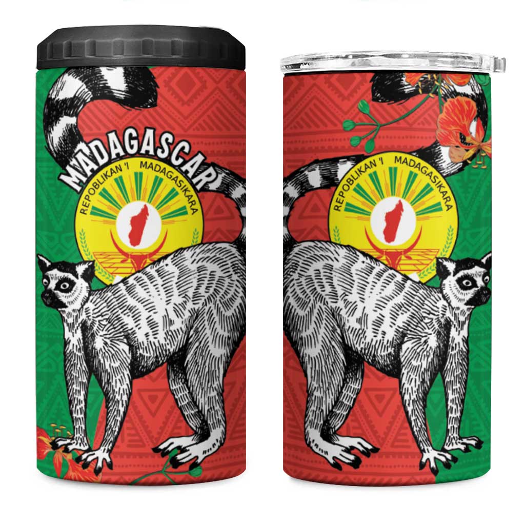 Happy Madagascar Independence Day 4 in 1 Can Cooler Tumbler Ring-Tailed Lemur With Seal Of Madagasikara