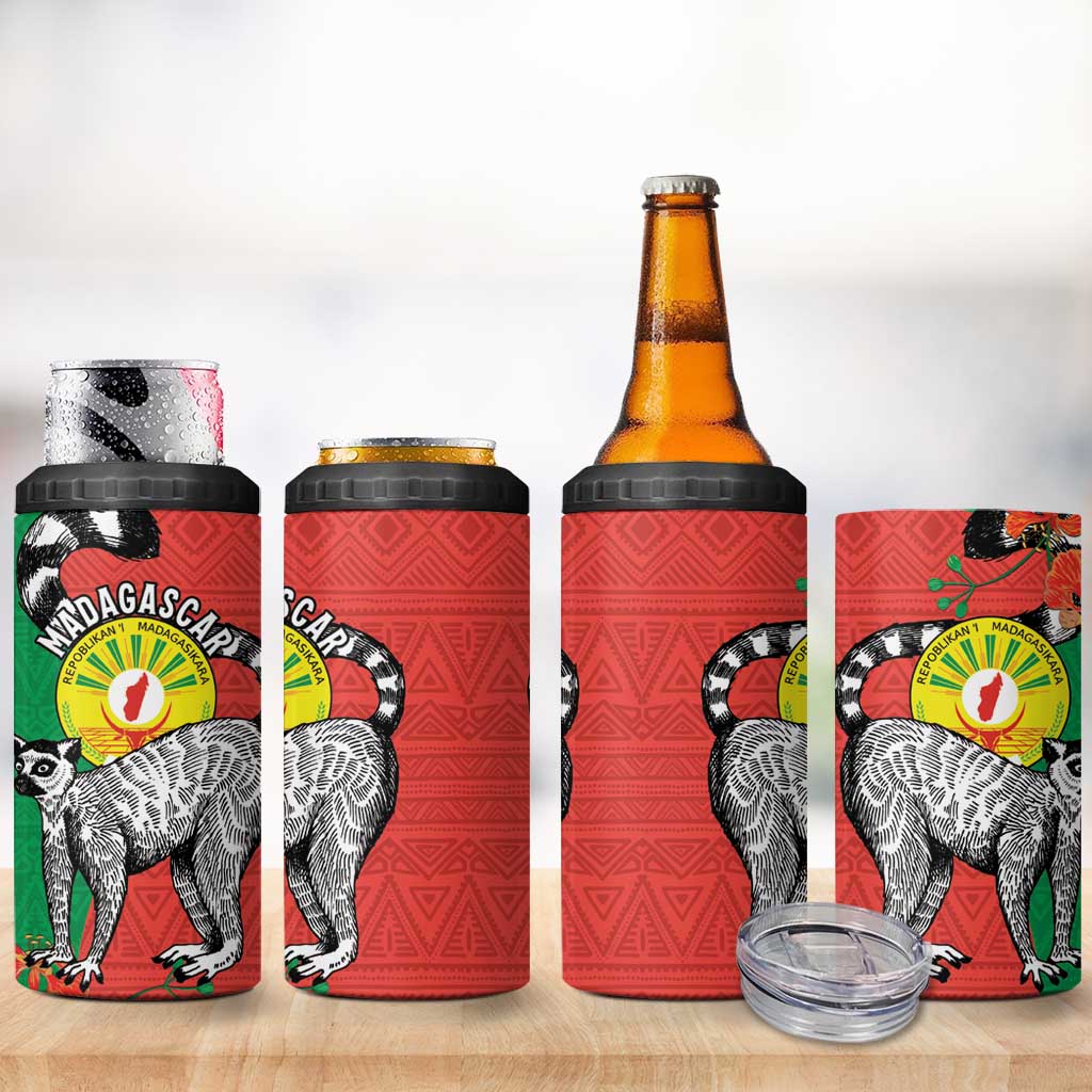 Happy Madagascar Independence Day 4 in 1 Can Cooler Tumbler Ring-Tailed Lemur With Seal Of Madagasikara