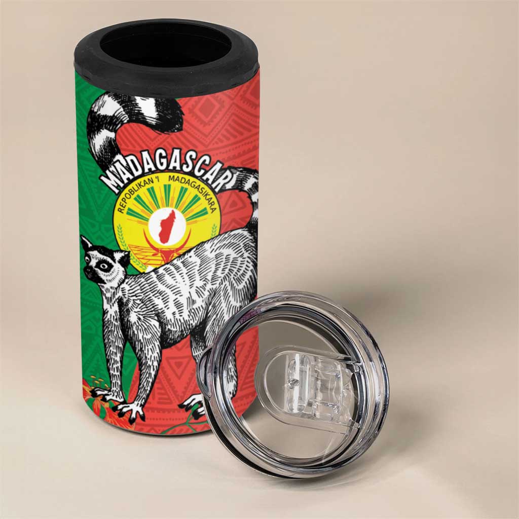 Happy Madagascar Independence Day 4 in 1 Can Cooler Tumbler Ring-Tailed Lemur With Seal Of Madagasikara