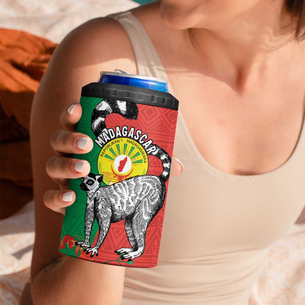 Happy Madagascar Independence Day 4 in 1 Can Cooler Tumbler Ring-Tailed Lemur With Seal Of Madagasikara