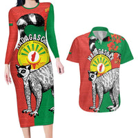 Happy Madagascar Independence Day Couples Matching Long Sleeve Bodycon Dress and Hawaiian Shirt Ring-Tailed Lemur With Seal Of Madagasikara