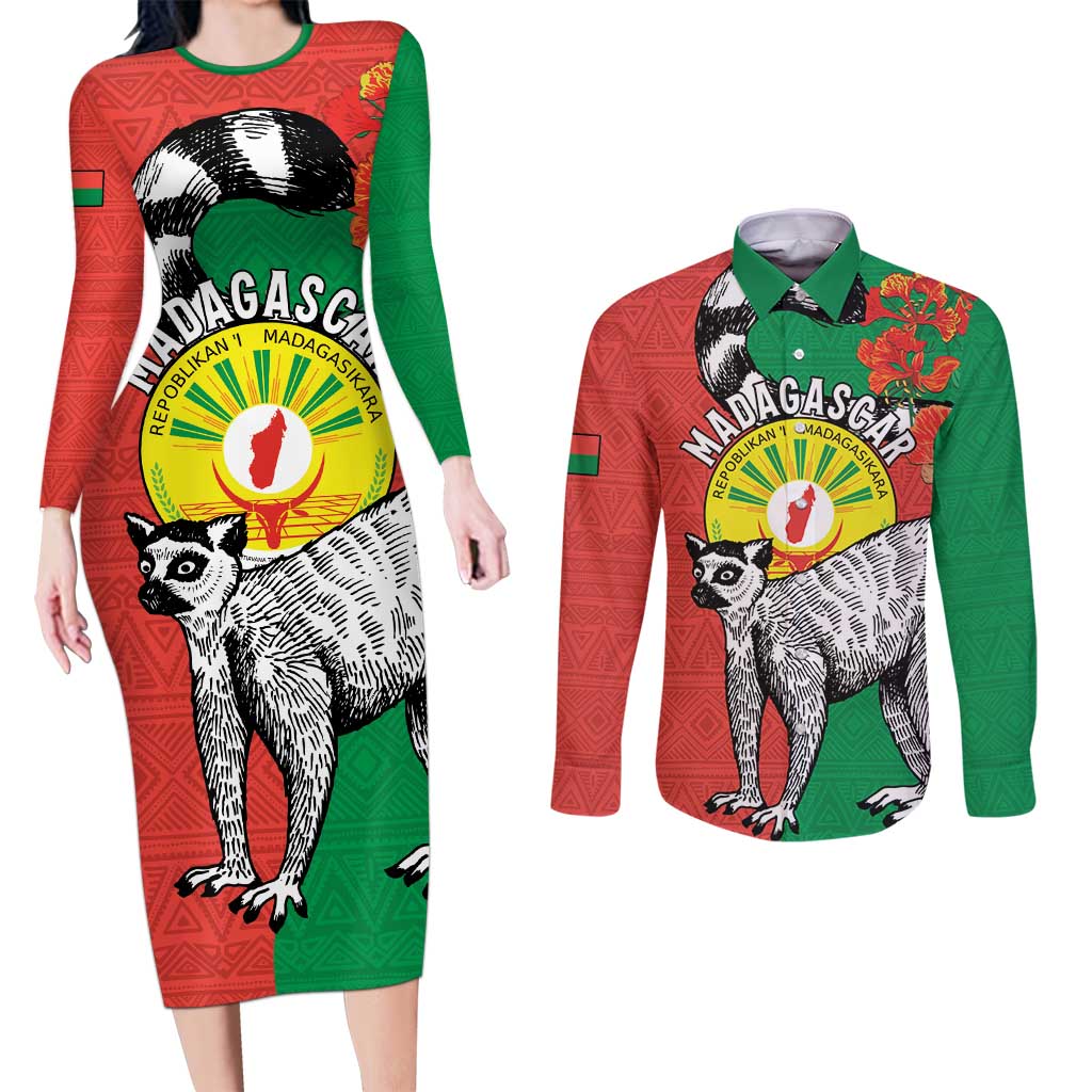 Happy Madagascar Independence Day Couples Matching Long Sleeve Bodycon Dress and Long Sleeve Button Shirt Ring-Tailed Lemur With Seal Of Madagasikara