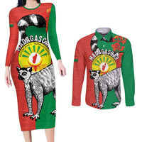 Happy Madagascar Independence Day Couples Matching Long Sleeve Bodycon Dress and Long Sleeve Button Shirt Ring-Tailed Lemur With Seal Of Madagasikara