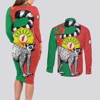 Happy Madagascar Independence Day Couples Matching Long Sleeve Bodycon Dress and Long Sleeve Button Shirt Ring-Tailed Lemur With Seal Of Madagasikara