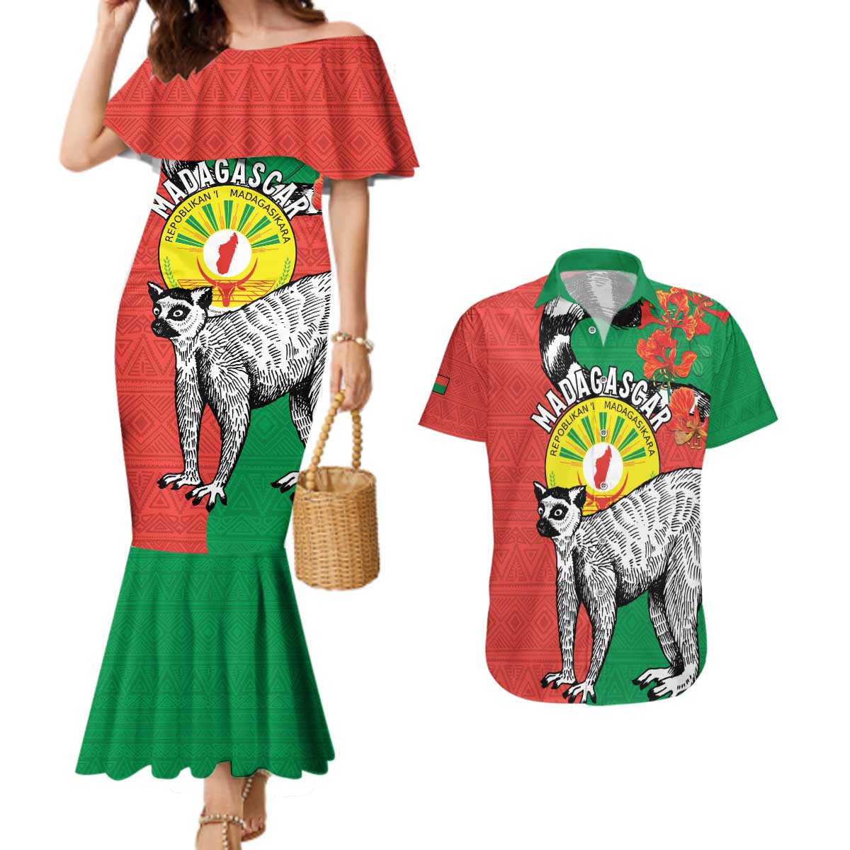 Happy Madagascar Independence Day Couples Matching Mermaid Dress and Hawaiian Shirt Ring-Tailed Lemur With Seal Of Madagasikara