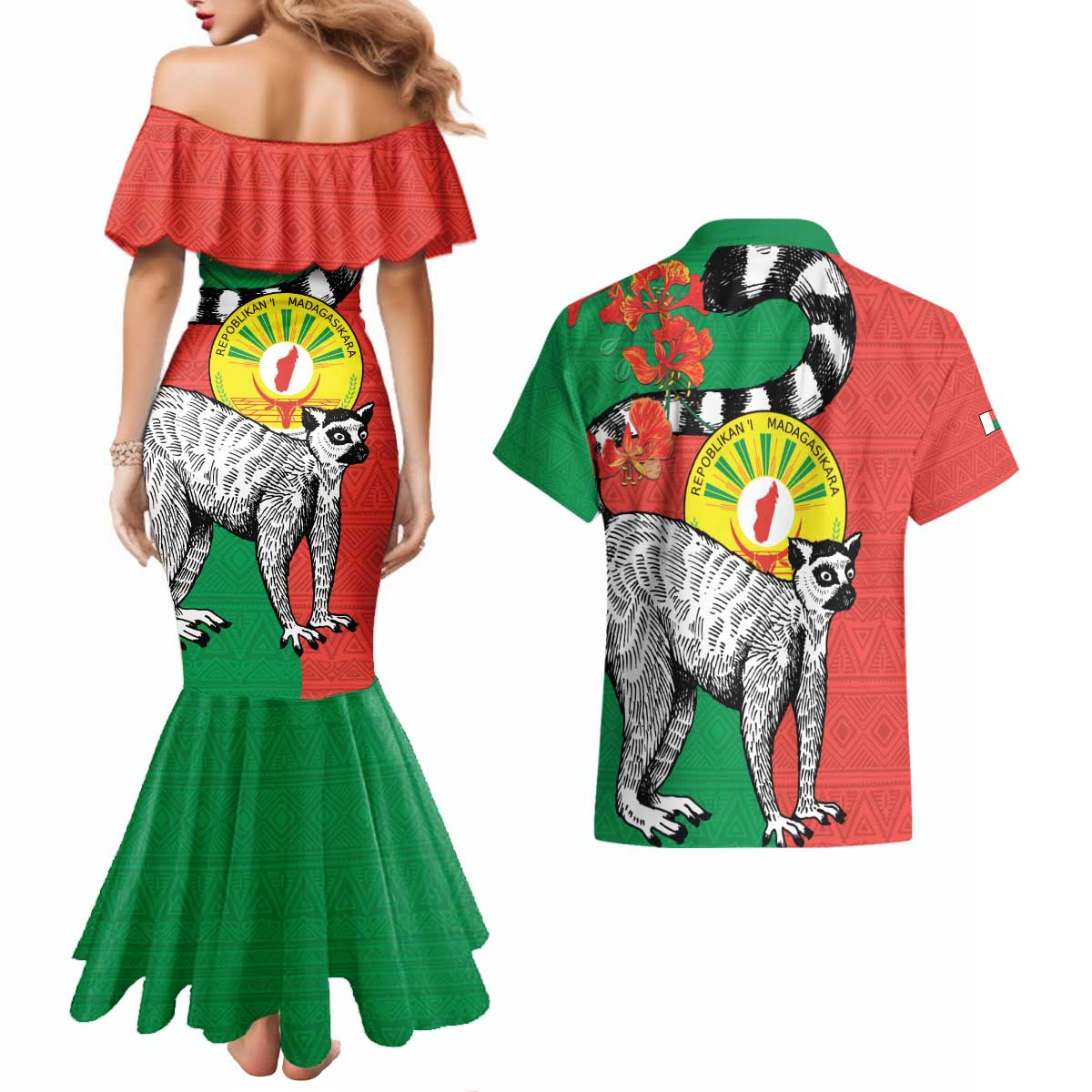 Happy Madagascar Independence Day Couples Matching Mermaid Dress and Hawaiian Shirt Ring-Tailed Lemur With Seal Of Madagasikara