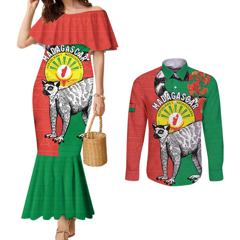 Happy Madagascar Independence Day Couples Matching Mermaid Dress and Long Sleeve Button Shirt Ring-Tailed Lemur With Seal Of Madagasikara