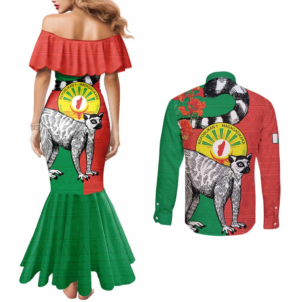 Happy Madagascar Independence Day Couples Matching Mermaid Dress and Long Sleeve Button Shirt Ring-Tailed Lemur With Seal Of Madagasikara