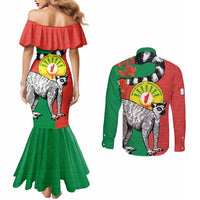 Happy Madagascar Independence Day Couples Matching Mermaid Dress and Long Sleeve Button Shirt Ring-Tailed Lemur With Seal Of Madagasikara