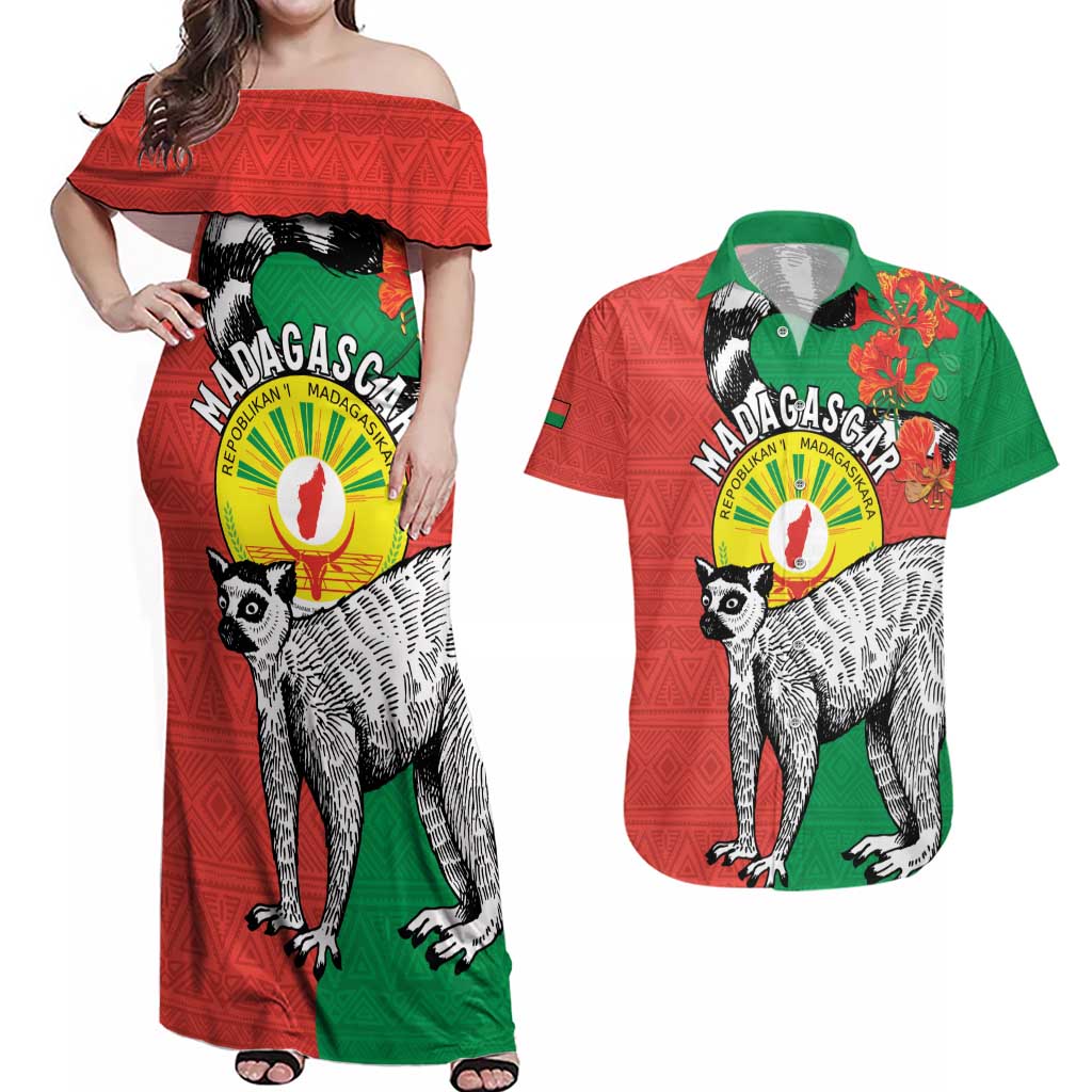 Happy Madagascar Independence Day Couples Matching Off Shoulder Maxi Dress and Hawaiian Shirt Ring-Tailed Lemur With Seal Of Madagasikara