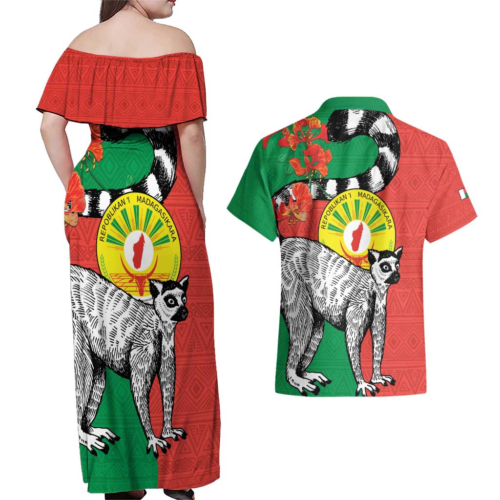 Happy Madagascar Independence Day Couples Matching Off Shoulder Maxi Dress and Hawaiian Shirt Ring-Tailed Lemur With Seal Of Madagasikara