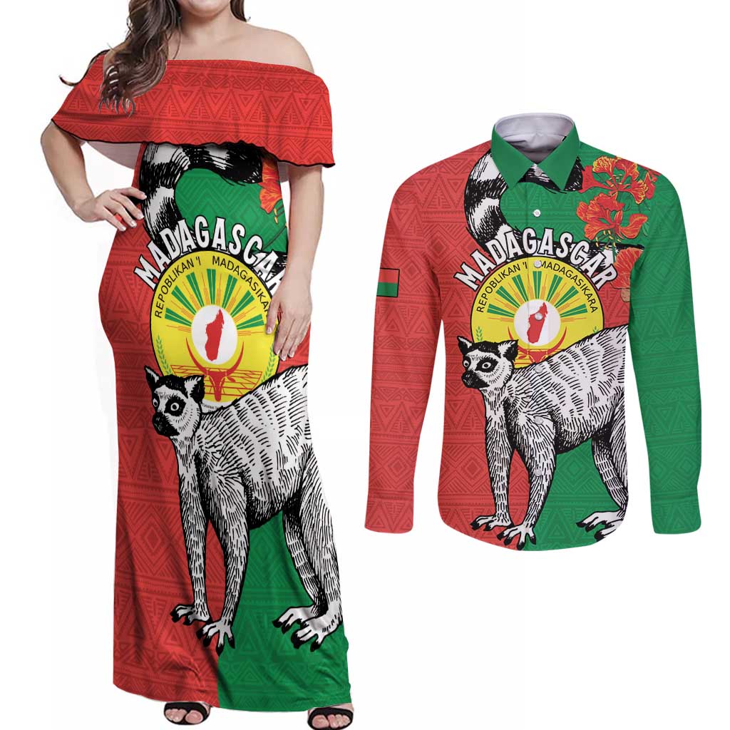Happy Madagascar Independence Day Couples Matching Off Shoulder Maxi Dress and Long Sleeve Button Shirt Ring-Tailed Lemur With Seal Of Madagasikara