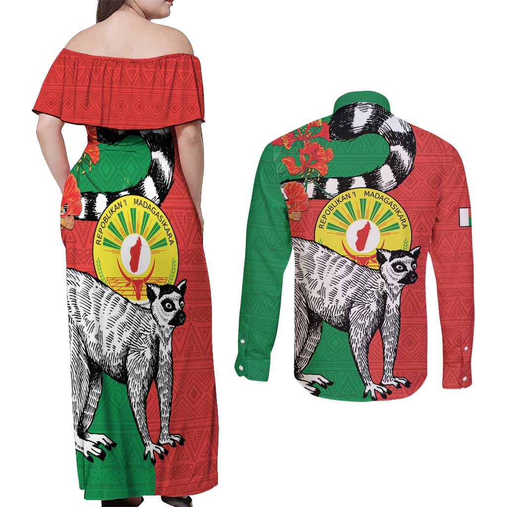 Happy Madagascar Independence Day Couples Matching Off Shoulder Maxi Dress and Long Sleeve Button Shirt Ring-Tailed Lemur With Seal Of Madagasikara