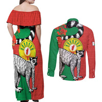Happy Madagascar Independence Day Couples Matching Off Shoulder Maxi Dress and Long Sleeve Button Shirt Ring-Tailed Lemur With Seal Of Madagasikara
