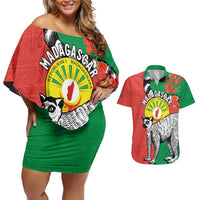 Happy Madagascar Independence Day Couples Matching Off Shoulder Short Dress and Hawaiian Shirt Ring-Tailed Lemur With Seal Of Madagasikara